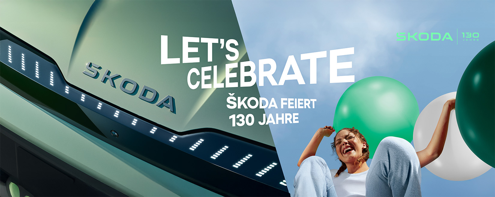 Škoda feiert 130 Jahre – Frau mit grünen und weißen Luftballons lacht, links Fahrzeugfront mit Škoda-Logo.