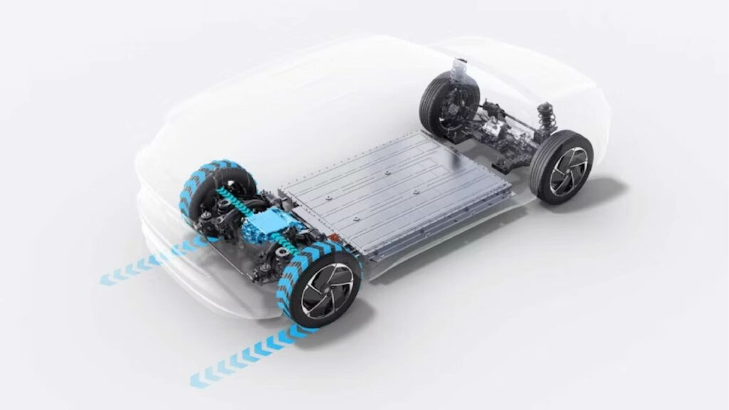 Schematische Darstellung des MG5 EV mit Batteriepaket im Fahrzeugboden und elektrischen Antriebskomponenten.
