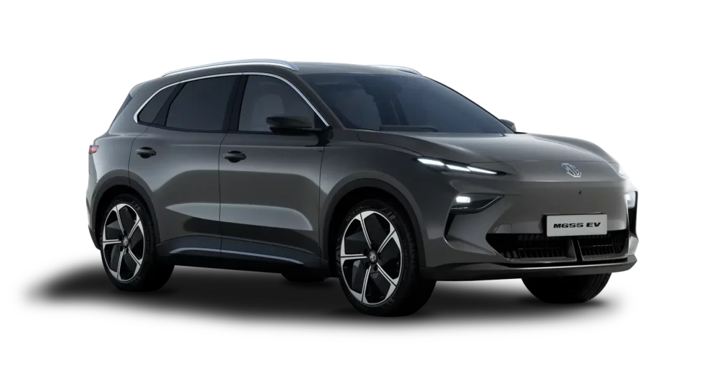 Schwarzer MG5 EV SUV in schräger Seitenansicht auf weißem Hintergrund.