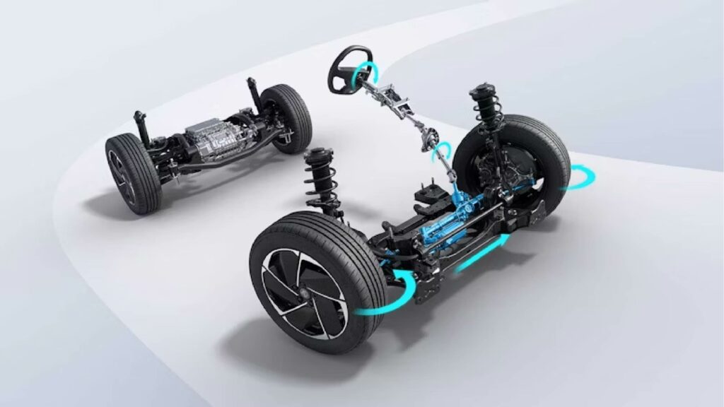 Darstellung des Fahrwerks und Lenksystems des MG5 EV mit Reifen, Federung und elektrischer Lenkungskomponente, isoliert auf hellem Hintergrund.